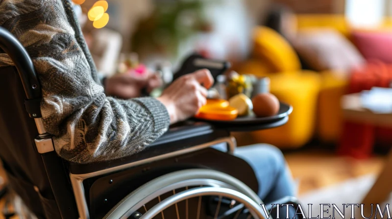 Captivating Image of a Person in a Wheelchair Enjoying a Meal in a Cozy Living Room AI Image