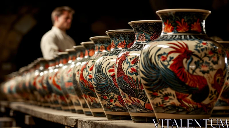 Colorful Ceramic Vases with Floral and Bird Motifs on Wooden Shelf AI Image