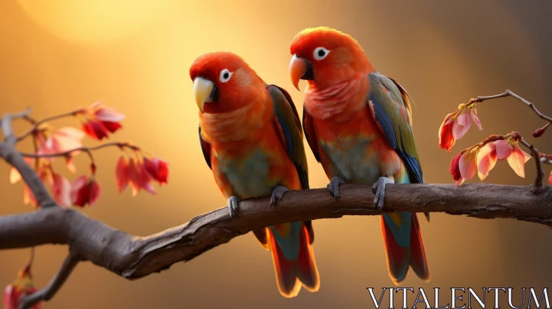Colorful Parrots on Branch: Enchanting Nature Scene AI Image