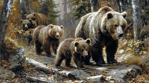 Family of Grizzly Bears in Autumn Forest