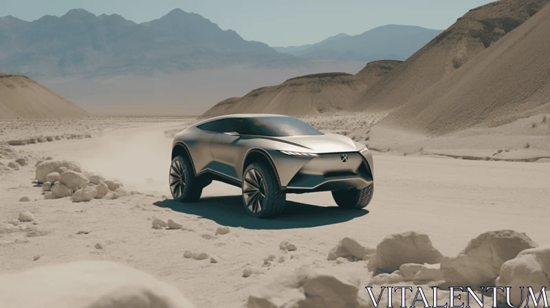 Futuristic Nissan Concept Vehicle Driving in Desert with Mountains AI Image