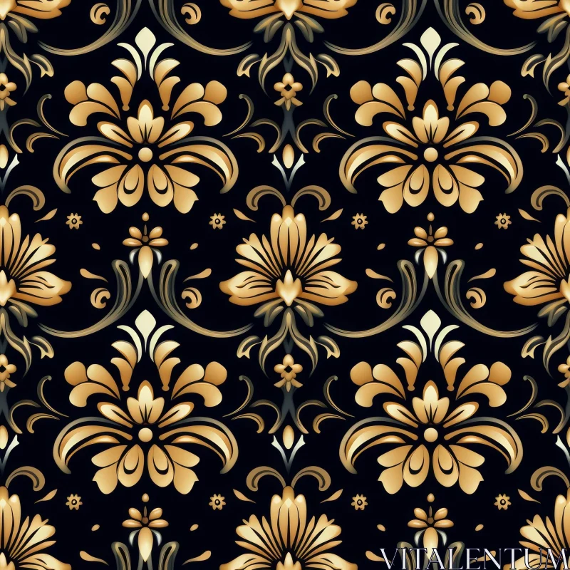 AI ART Golden Floral Damask Pattern on Black Background