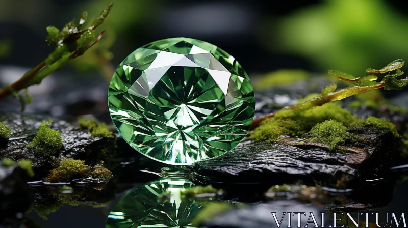AI ART Green Diamond on Moss Bed - Nature's Sparkling Beauty