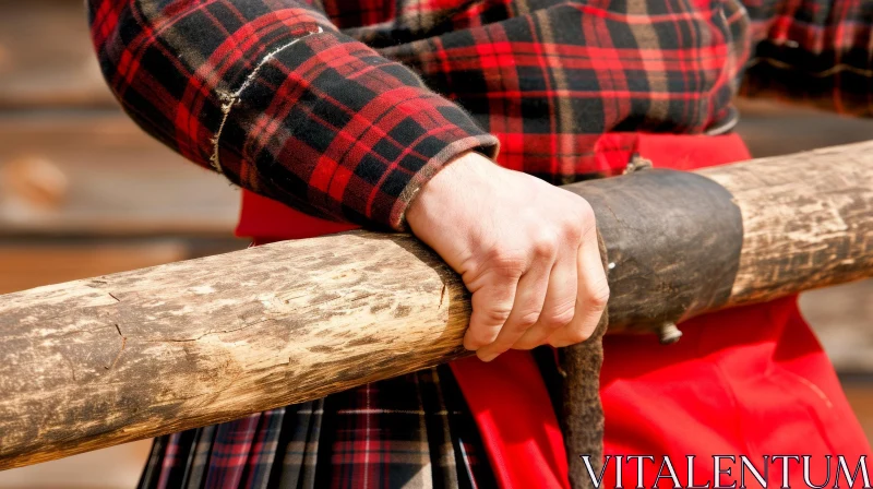 Intriguing Hand Holding Wooden Log with Metal Band AI Image