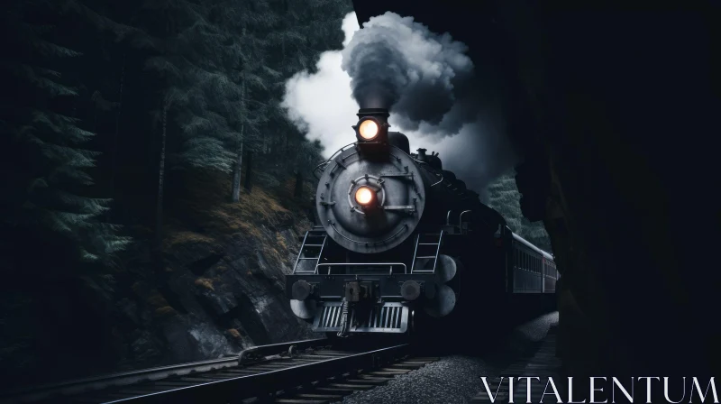 AI ART Majestic Black Steam Locomotive in Dark Tunnel