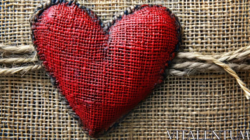 Red Thread Heart on Burlap Background AI Image