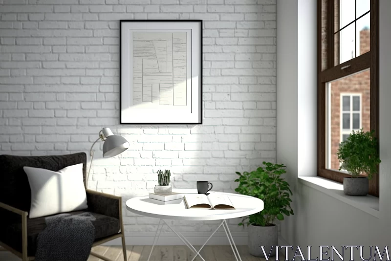 Serene 3D Interior Rendering of a Living Room with White Brick Walls AI Image