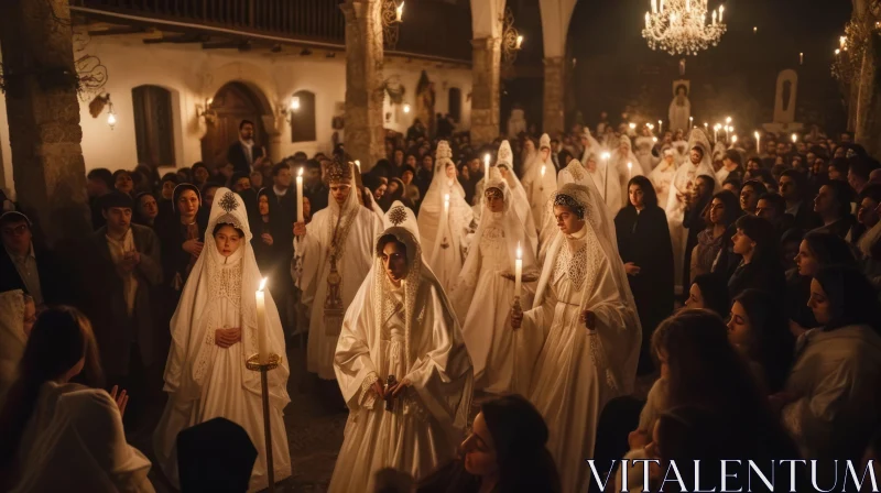 Solemn Procession of Women with Candles in a Dimly Lit Space AI Image
