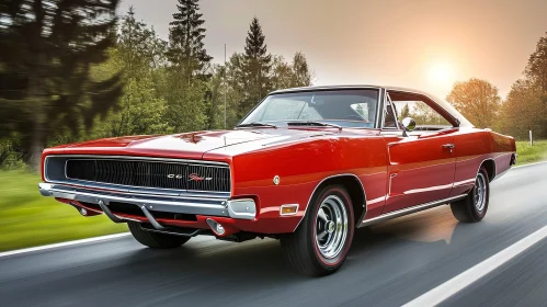 Red 1970 Dodge Charger R/T Muscle Car on Asphalt Road at Sunset