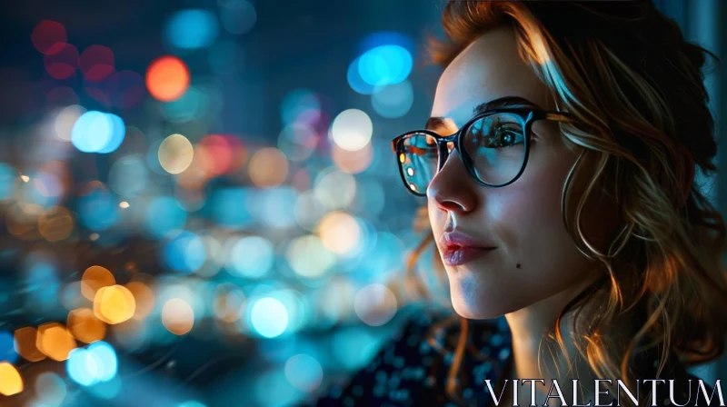 Thoughtful Woman Gazing at Night City Lights | Dark Dress with Polka Dots AI Image
