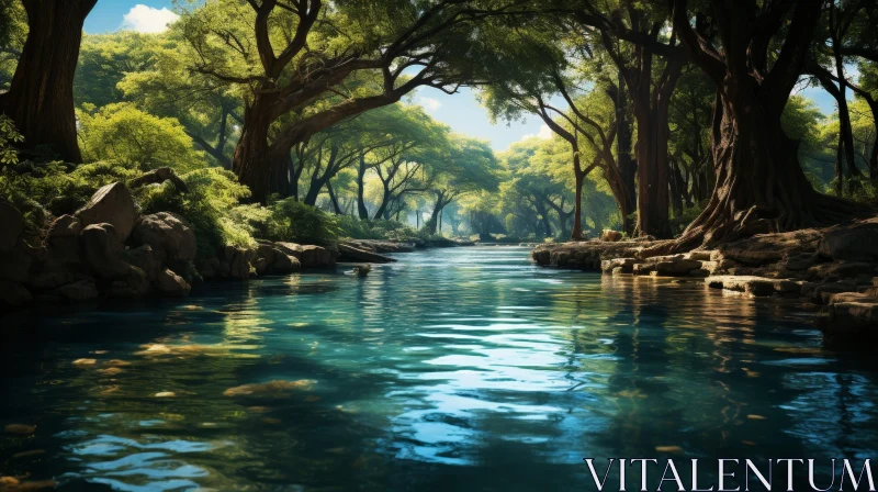 Tranquil River Landscape in a Lush Forest AI Image
