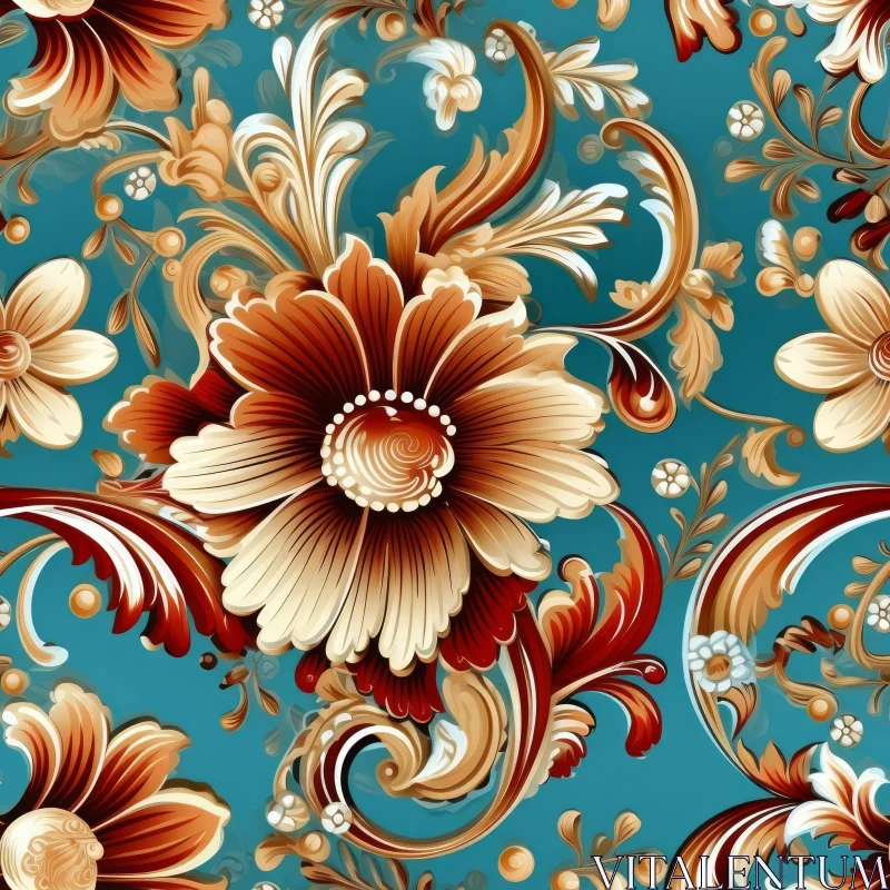AI ART Vintage Floral Seamless Pattern on Blue Background