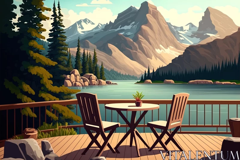 Wooden Table and Chairs with Mountain Scenery: Vintage Poster Design AI Image