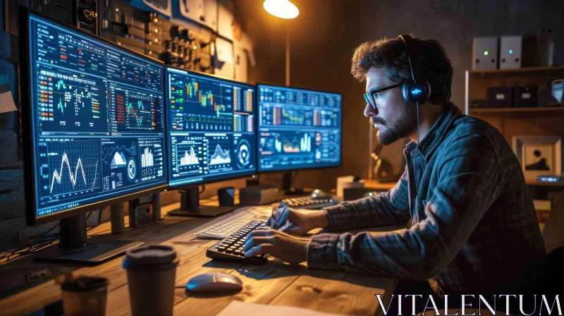 Young Male Stock Trader at Computer Desk | Night | Stock Market Data AI Image
