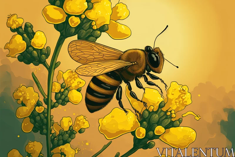 Bee on Yellow Flowers: Hyper-Detailed Illustration with Comic Art Elements AI Image