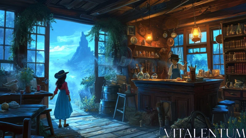 Captivating Fantasy Tavern Painting with Mountain Landscape AI Image