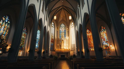 Captivating Gothic Revival Church Interior with Stained Glass Windows