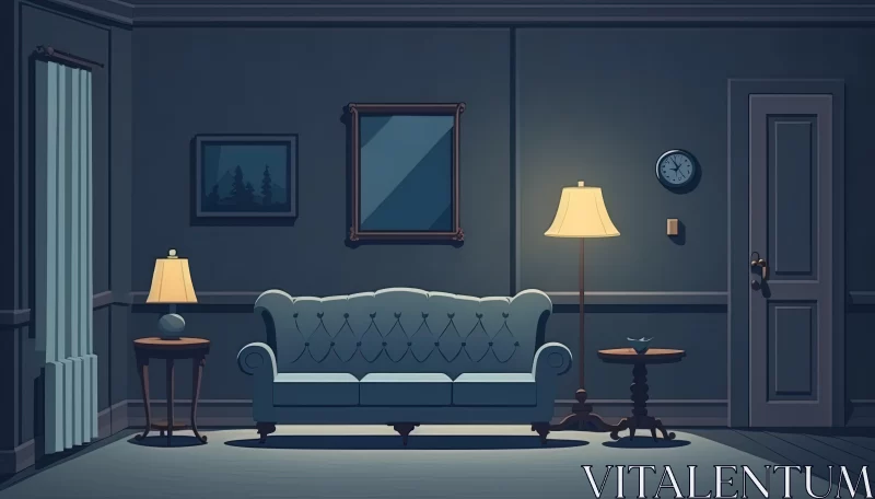 Captivating Interior: A Room with Dark Blue Couch and Lamps AI Image