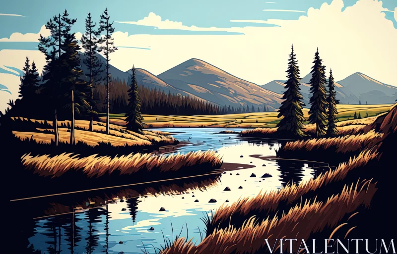 Captivating Nature Illustration: Mountains, River, and Forest AI Image