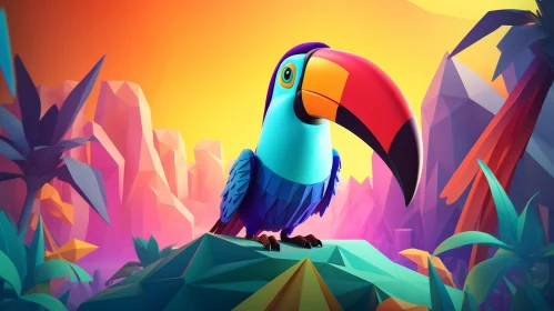 Cartoon Toucan in Jungle Sunset 3D Illustration