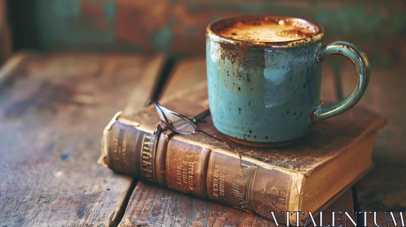 Ceramic Cup of Coffee on Old Book | Rustic Still Life Photography AI Image