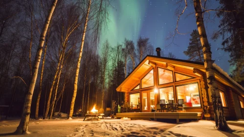Cozy Wooden Cabin in Snowy Forest with Northern Lights