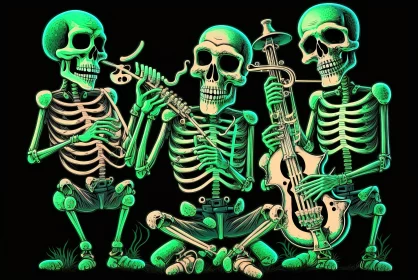 Emerald Skeletons Playing Music on a Black Background