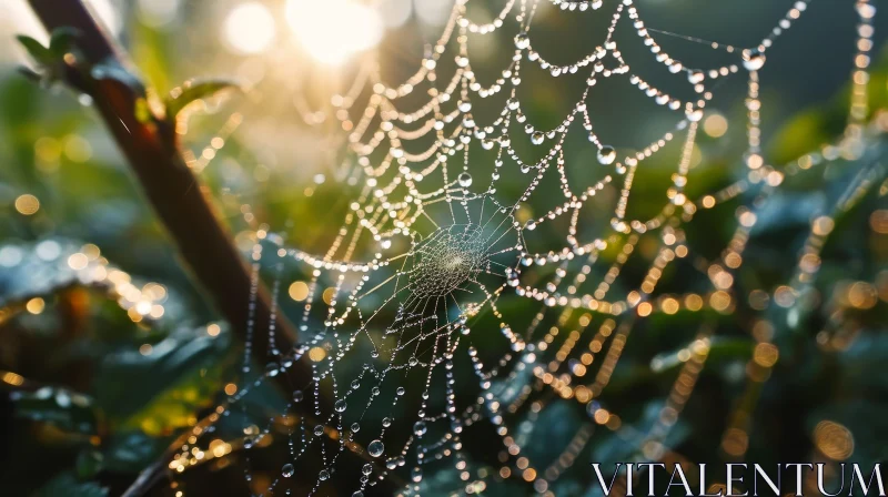 Enchanting Spider Web with Dew Drops and Sunlight AI Image