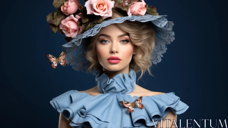 Fashion Portrait with Pink Roses and Butterflies AI Image