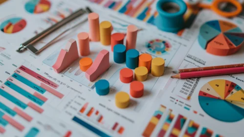 Financial Charts and Colorful Wooden Blocks on a Desk