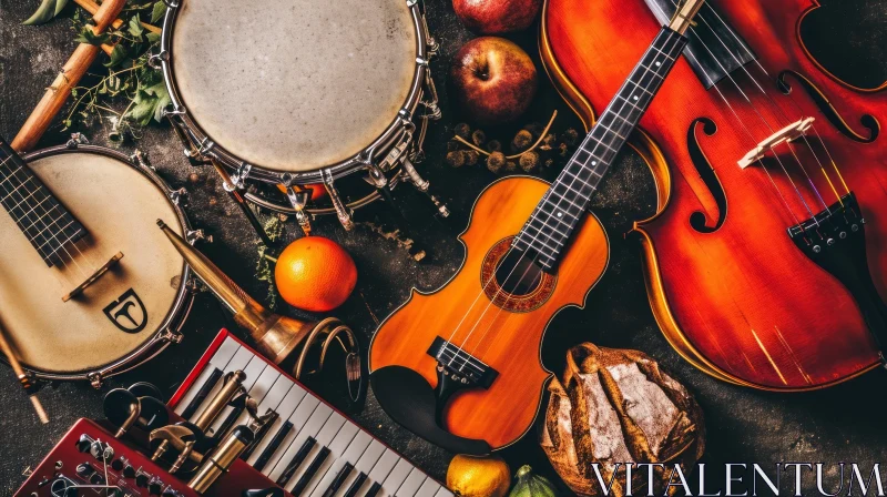 Harmonious Collection of Musical Instruments and Fresh Produce AI Image