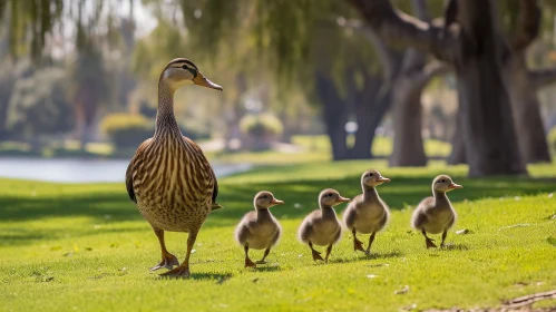 Mother Duck and Ducklings Crossing Green Field