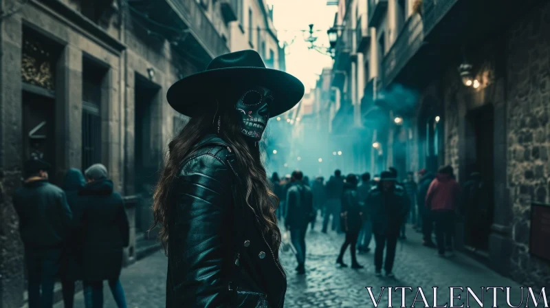 AI ART Mysterious Woman with Sugar Skull: Enigmatic Street Scene