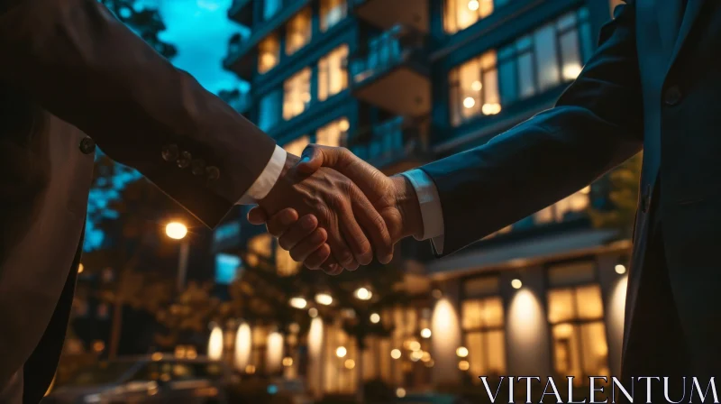 Night Outdoor Business Handshake with Bokeh Lights AI Image