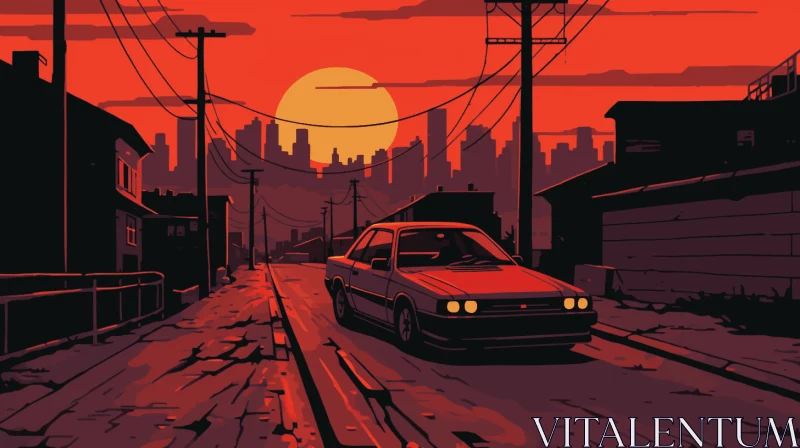 Pixel Art Car Driving at Sunset - Chicano-inspired Style AI Image