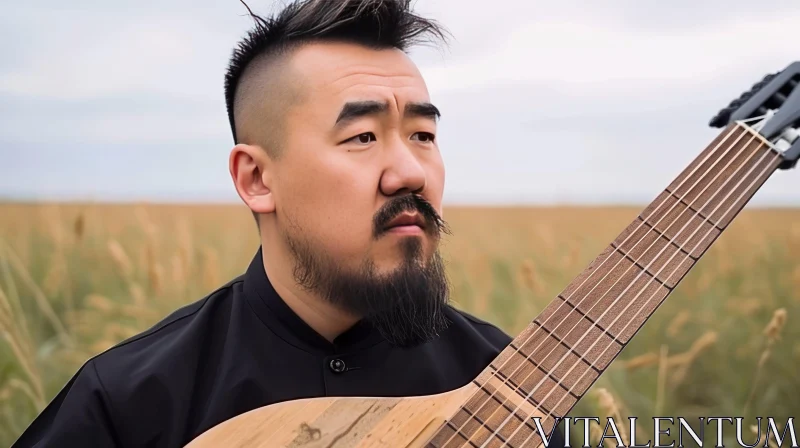 AI ART Portrait of a Young Musician Playing Mongolian Lute in a Wheat Field