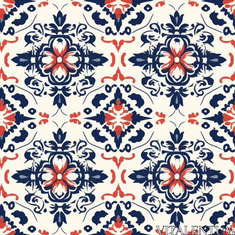 Red and Blue Floral Azulejos Pattern AI Image
