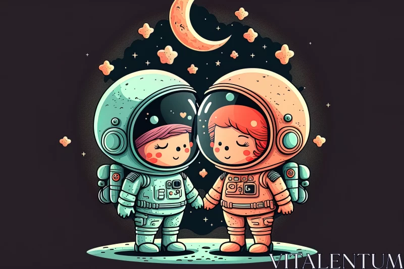 Romantic Cartoon Astronauts on the Moon | Colorful and Dreamy AI Image