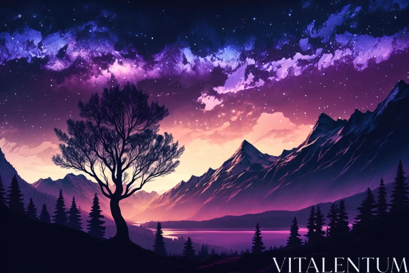Starry Night Landscape: Majestic Tree Under Anime Sky AI Image