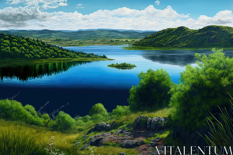 Tranquil Lake in a Green Valley: A Captivating Painting AI Image