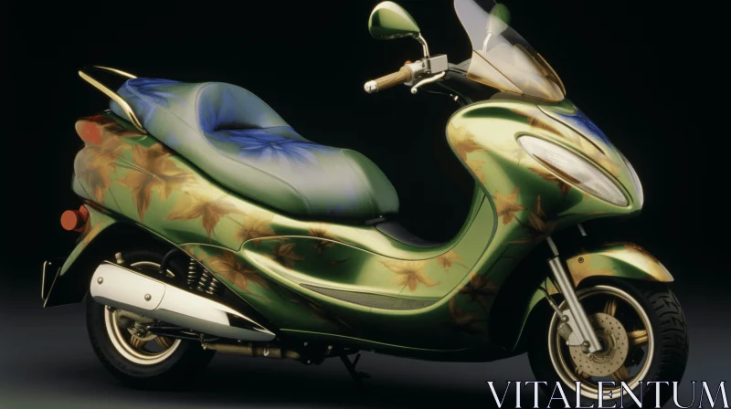 Vibrant Floral Patterns on a Green and Purple Moped | Hyperrealism Art AI Image