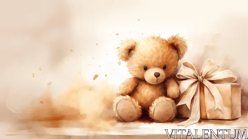 Adorable Teddy Bear and Gift Box Watercolor Painting AI Image