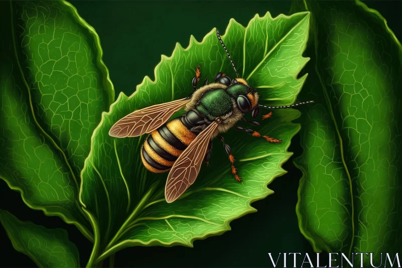 Detailed Digital Illustration of a Bee on Green Leaves AI Image