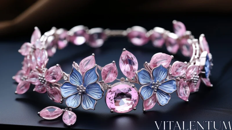 Exquisite White Gold Floral Jewelry Set with Pink and Blue Enamel Flowers AI Image