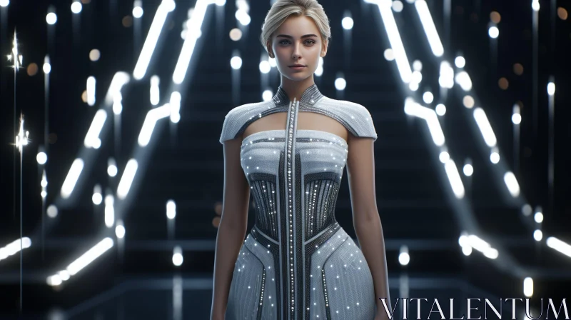 Futuristic White and Silver Dress Woman in Bright Lights AI Image
