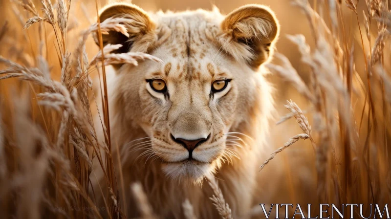 Majestic Lion Portrait in Sunlit Field AI Image