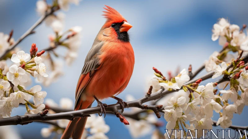 Northern Cardinal on Flowering Dogwood Tree AI Image
