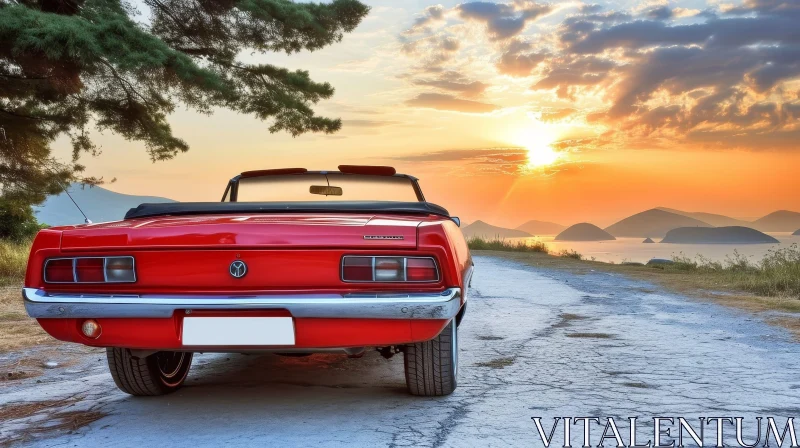 Red Chevrolet Camaro Convertible on Winding Road at Sunset AI Image