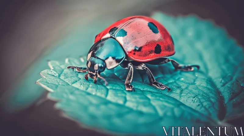 AI ART Red Ladybug on Green Leaf - Nature Close-up