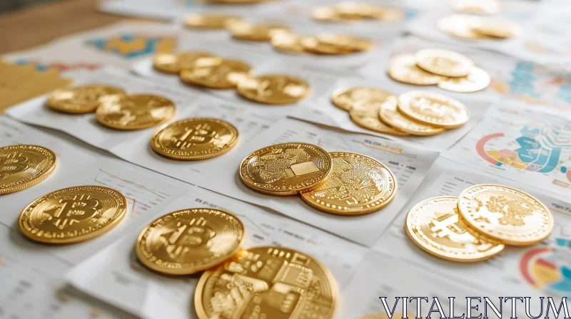 Scattered Gold Bitcoin Coins on Financial Charts | Investment Concept AI Image